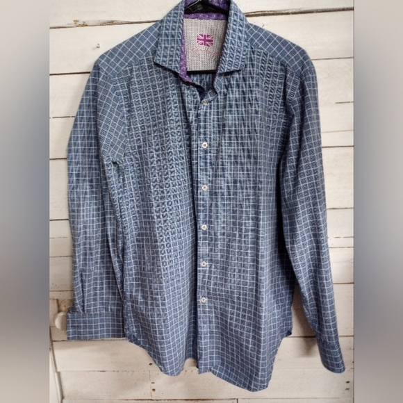 Michelsons London Men's Medium Blue with Purple Flip Cuff Button Down Shirt - Picture 1 of 9